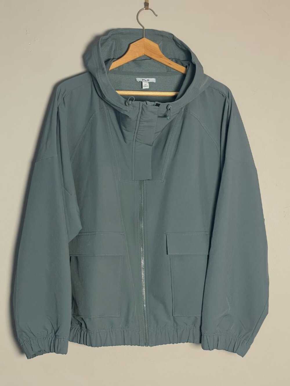 FLX Oversized Hooded Windbreaker Jacket Sage Green Full Zip Utility XXL
